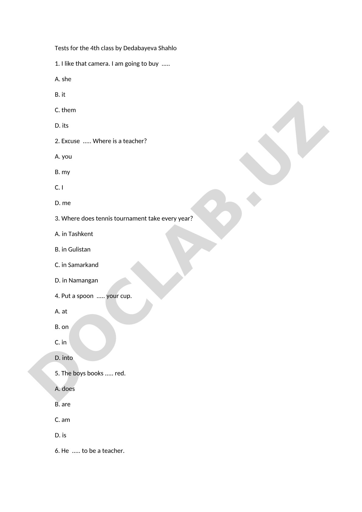 English Tests for 4th Grade