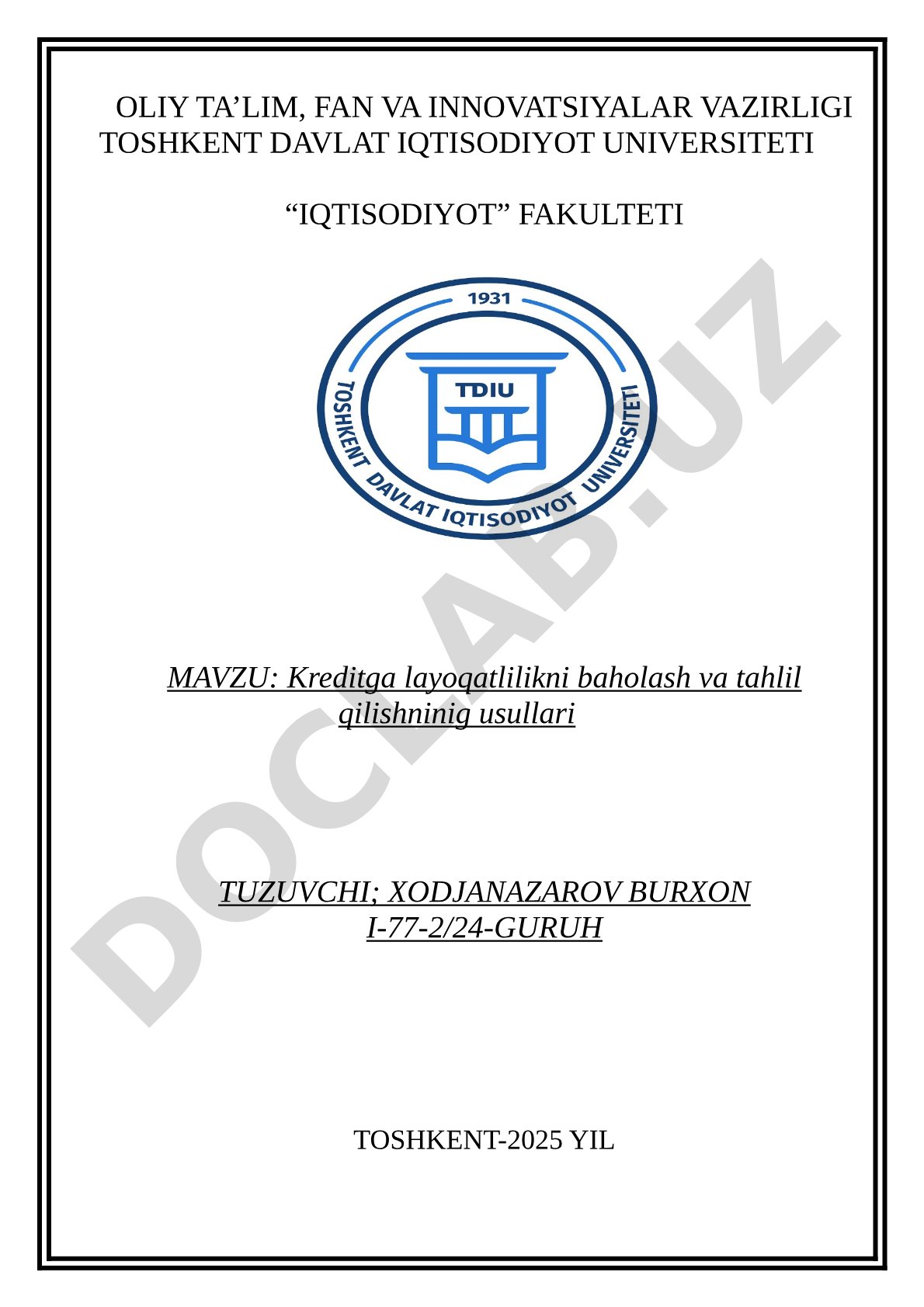 Kreditga layoqatlilikni baholash va tahlil qilishninig usullari