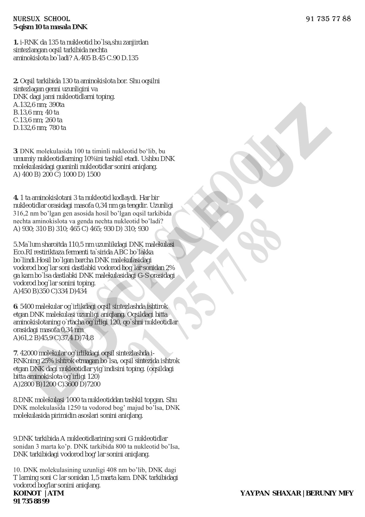 DNK va oqsil sintezi bo'yicha masalalar