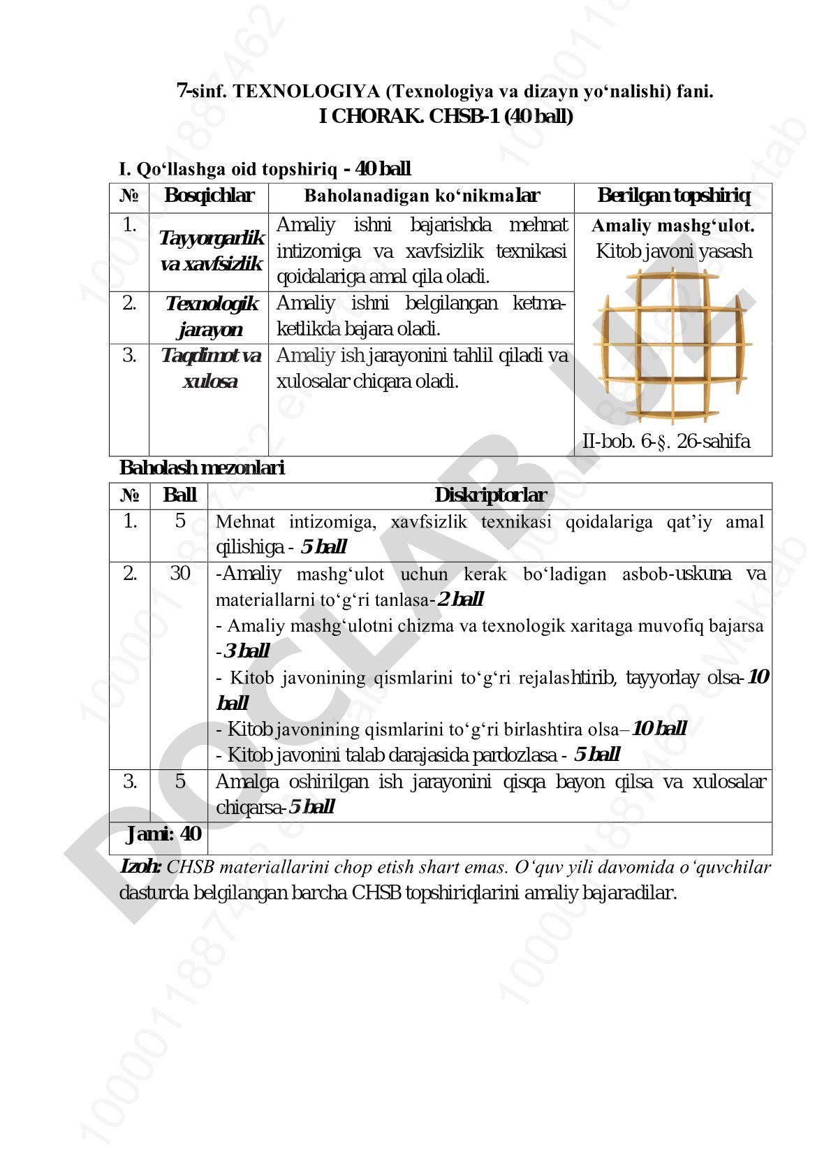 7-sinf Texnologiya fani I chorak CHSB-1 amaliy topshiriqlari