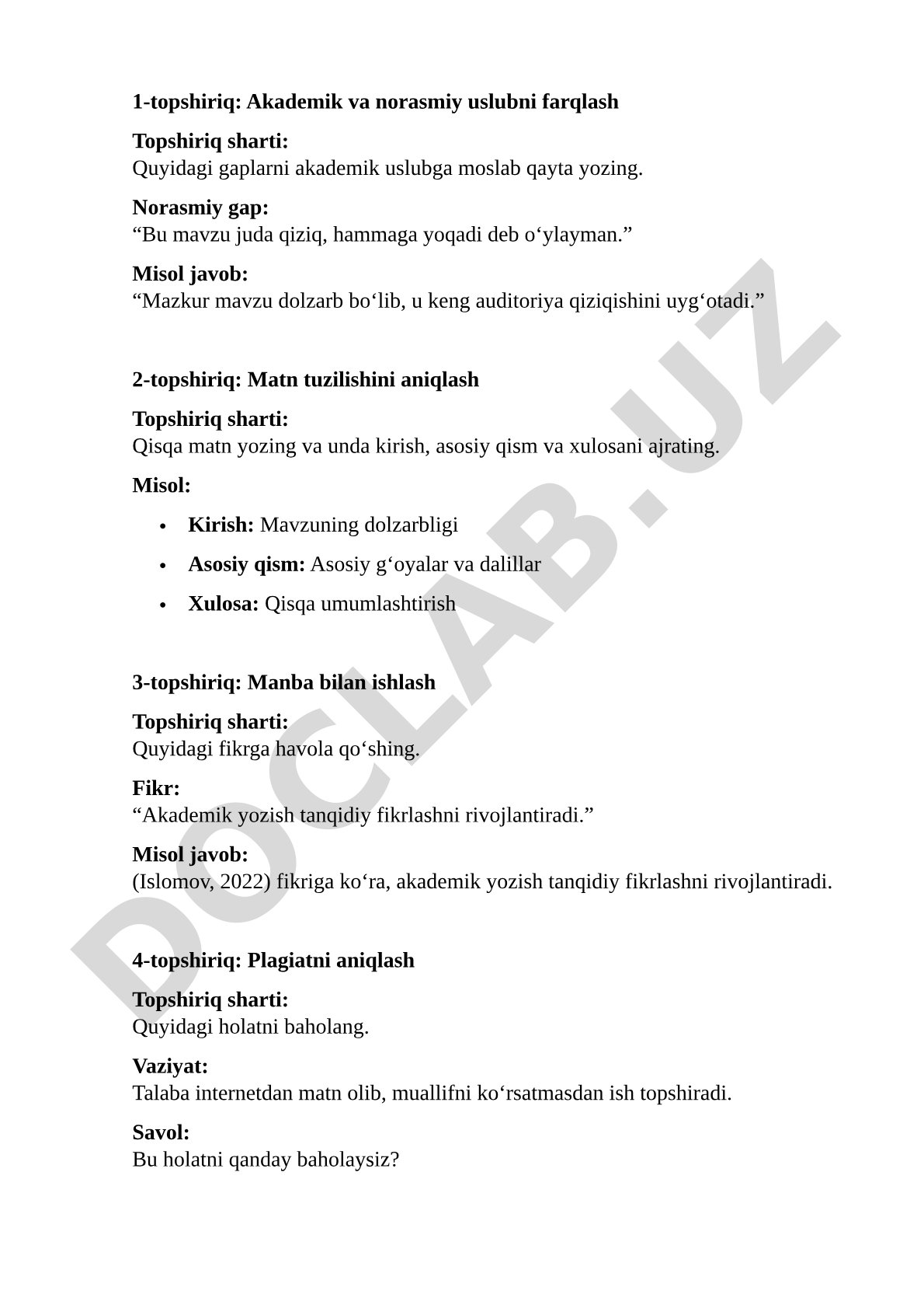 Akademik yozish bo'yicha amaliy topshiriqlar to'plami