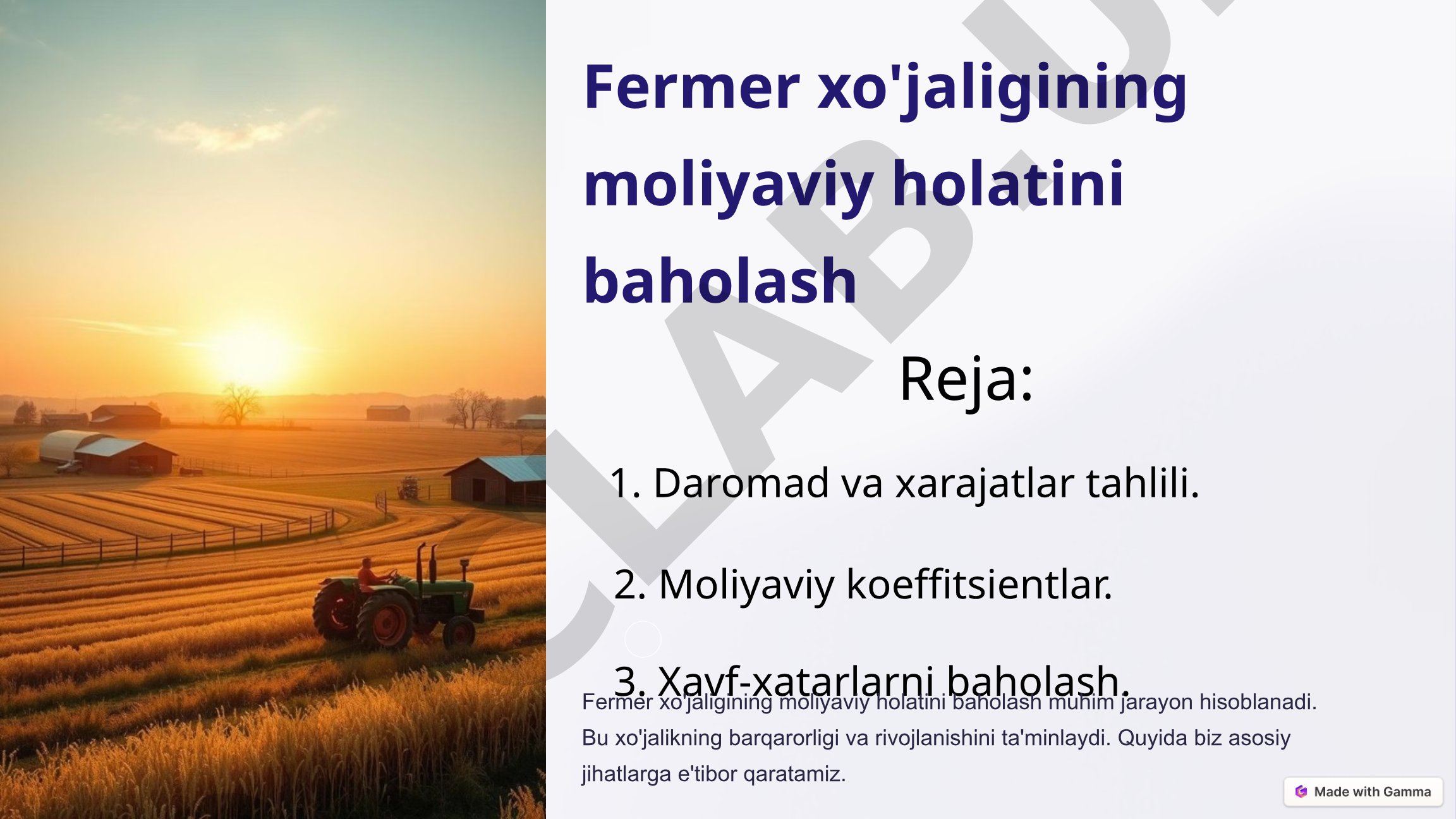 Fermer xo'jaligining moliyaviy holatini baholash
