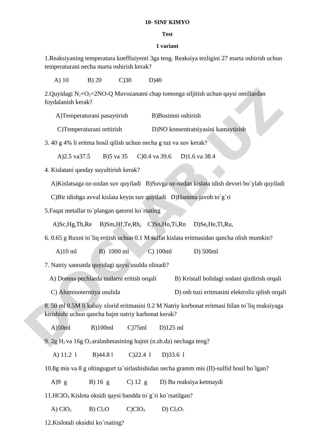 10-sinf kimyo test 1 variant