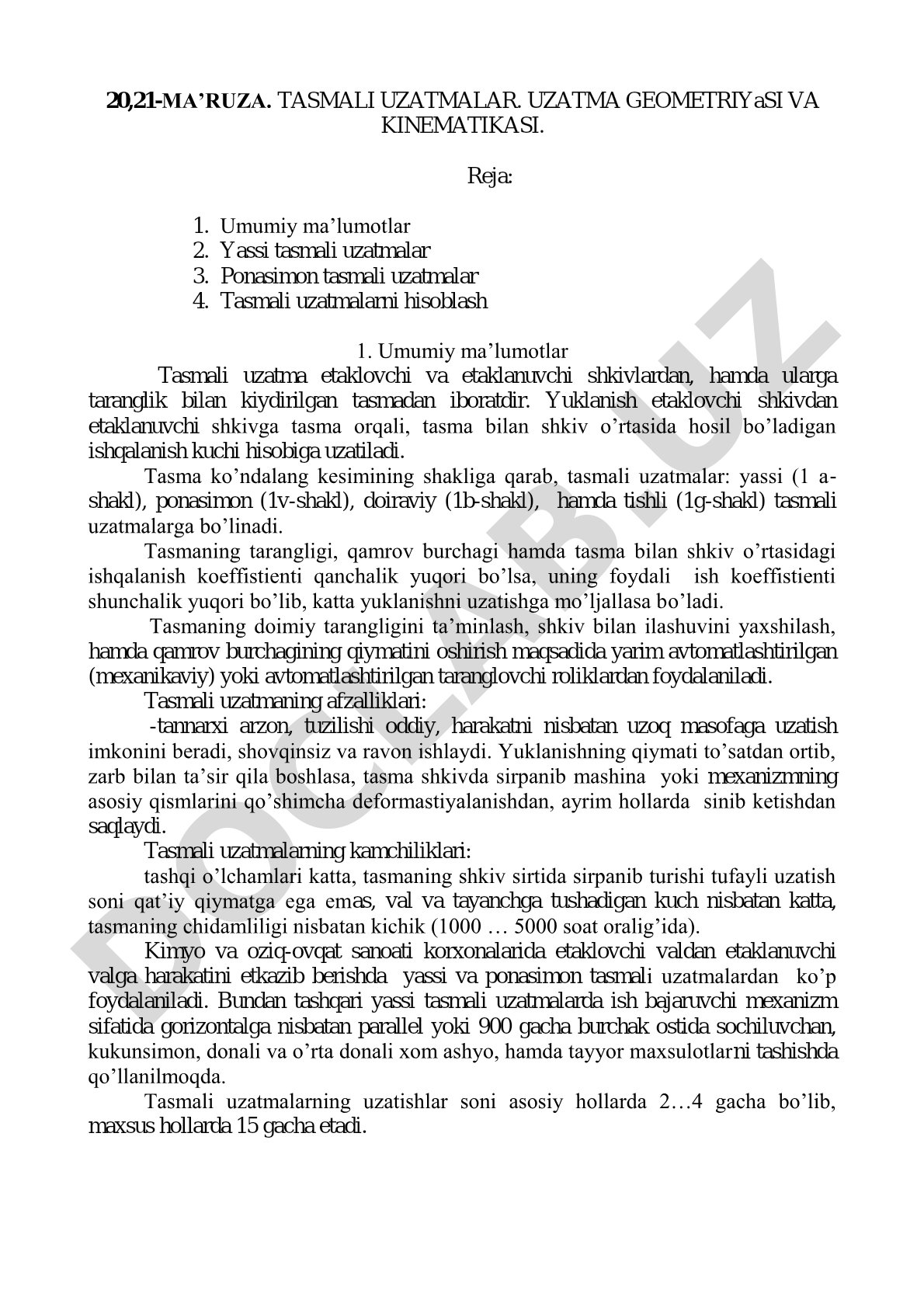 Tasmali uzatmalar. Uzatma geometriyasi va kinematikasi.