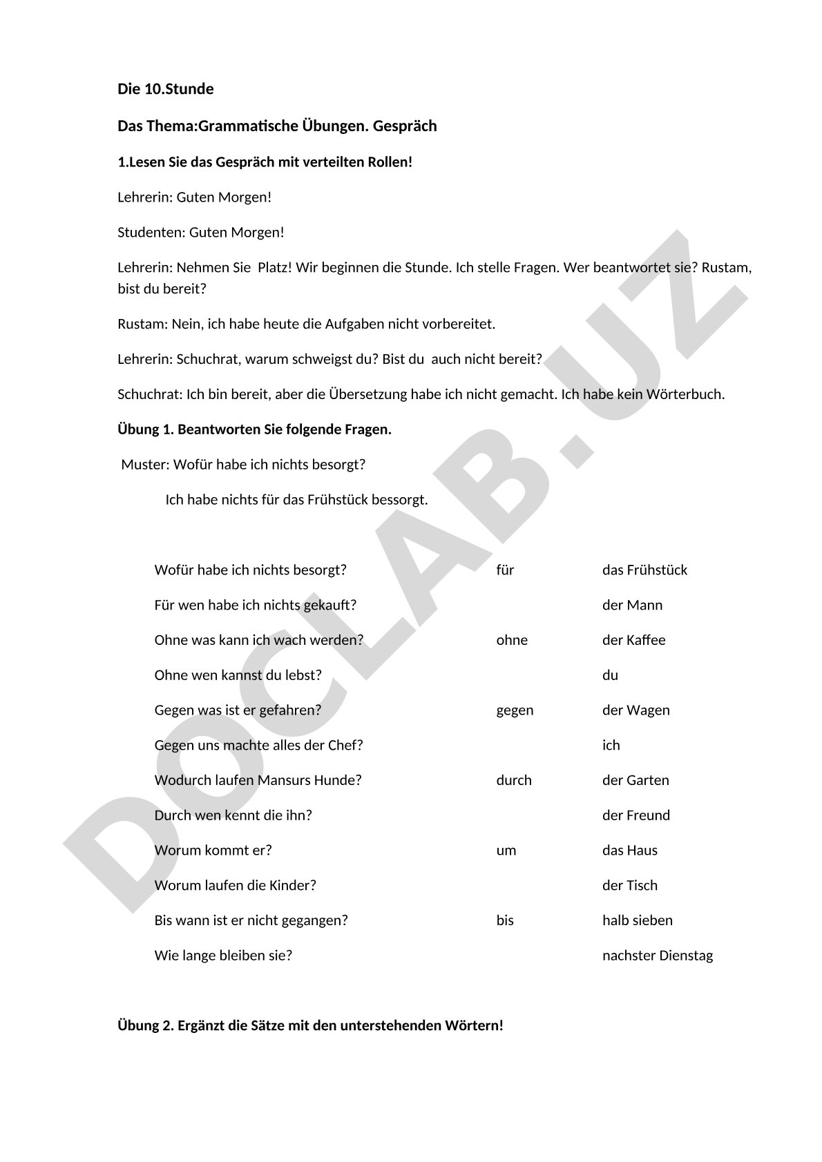 Grammatische Übungen. Gespräch 1