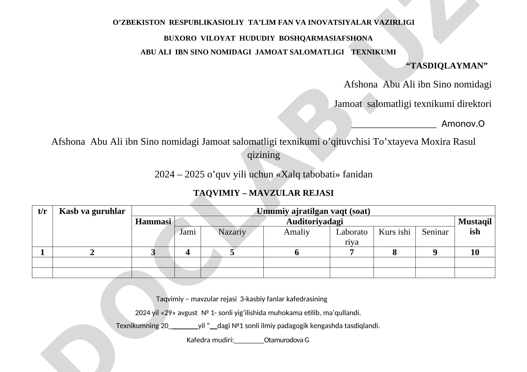 Xalq tabobati fanidan taqvimiy-mavzular rejasi