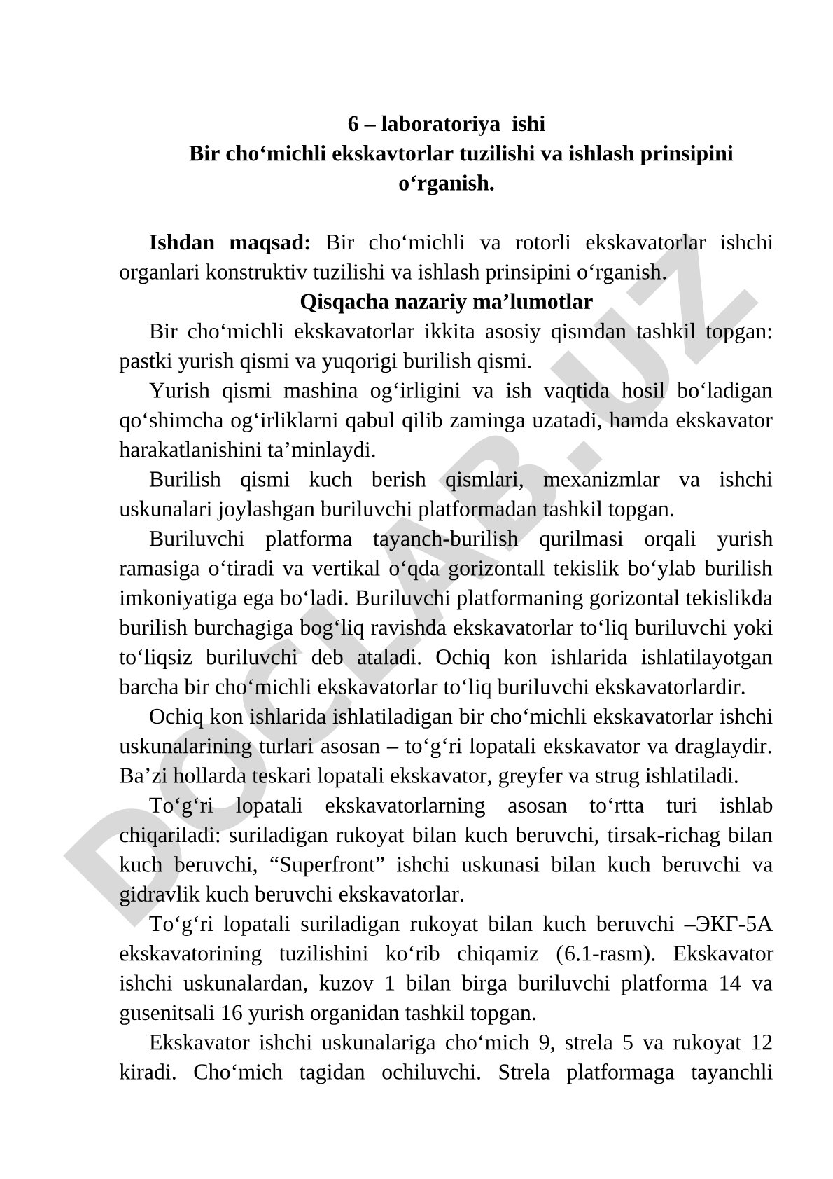 Bir cho‘michli ekskavtorlar tuzilishi va ishlash prinsipini o‘rganish