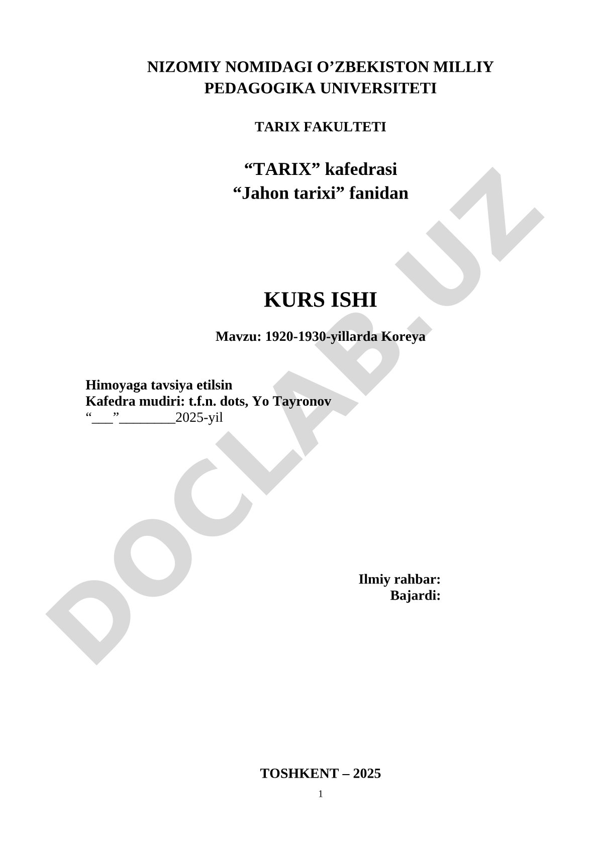 Kurs ishi 1920-1930-yillarda Koreya tarixi, milliy-ozodlik harakati va ijtimoiy-iqtisodiy