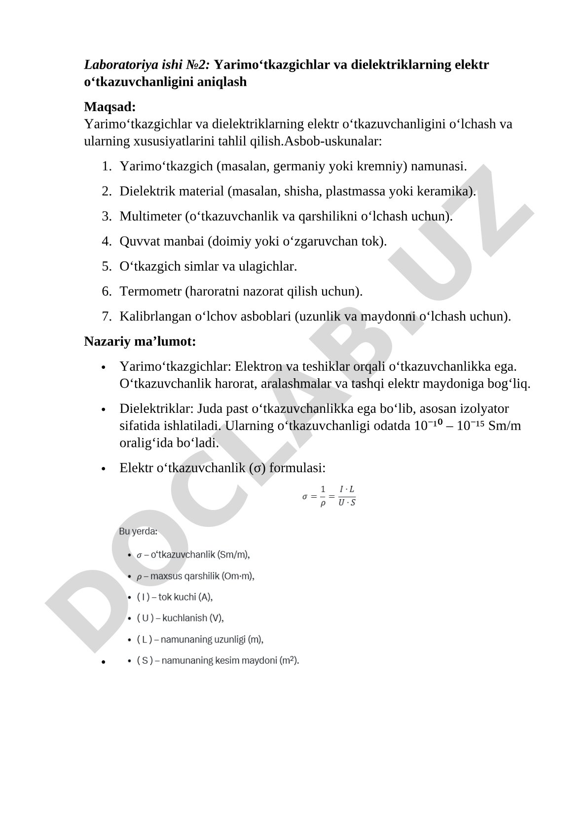 Yarimo‘tkazgichlar va dielektriklarning elektr o‘tkazuvchanligini aniqlash