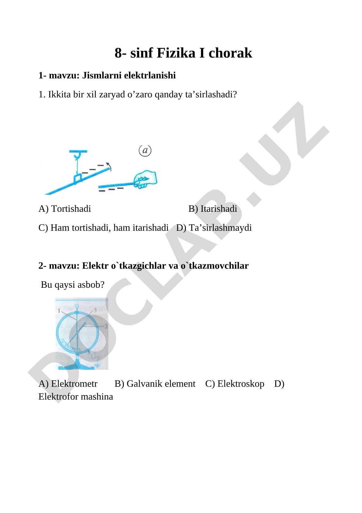 8-sinf Fizika I chorak 1- mavzu: Jismlarni elektrlanishi
