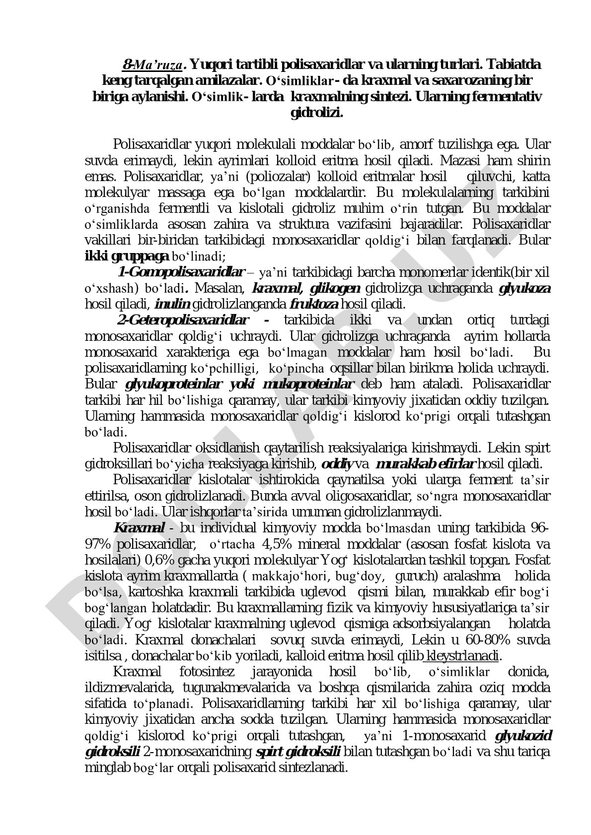 Yuqori tartibli polisaxaridlar va ularning turlari