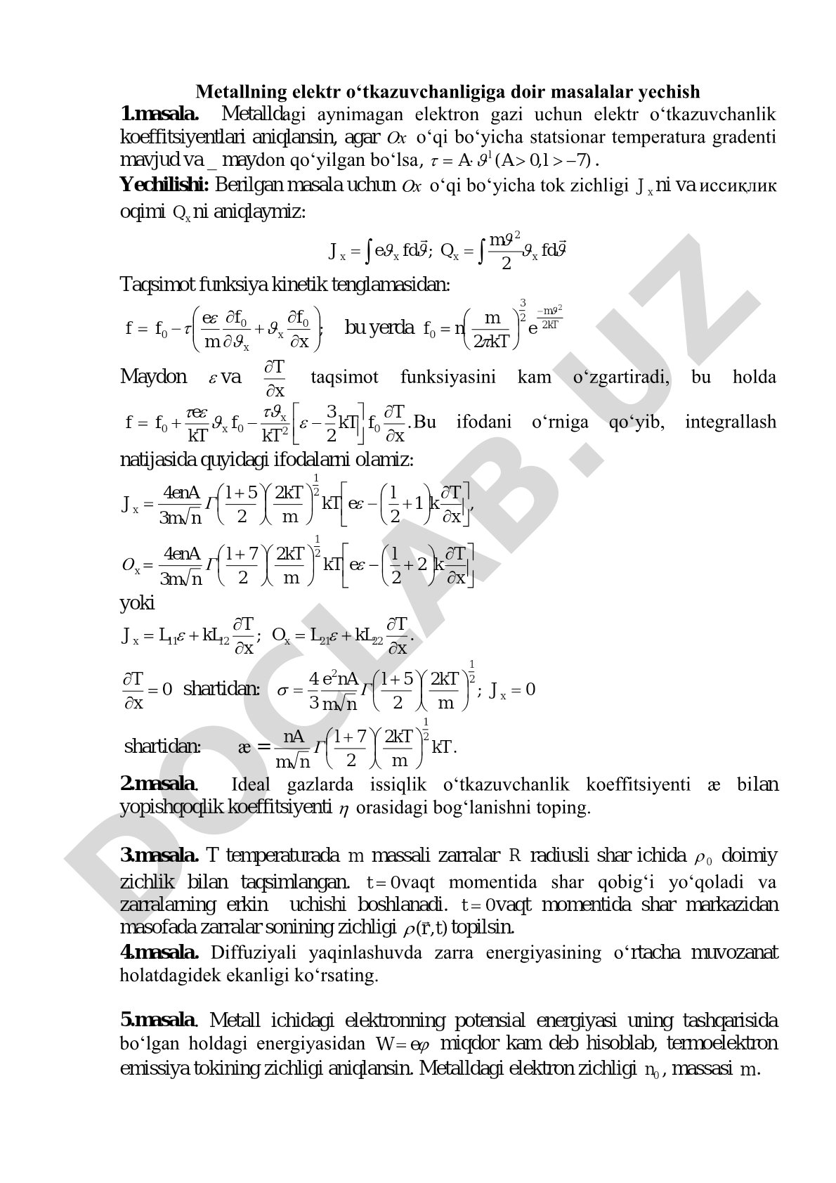 Metallning elektr o‘tkazuvchanligiga doir masalalar yechish