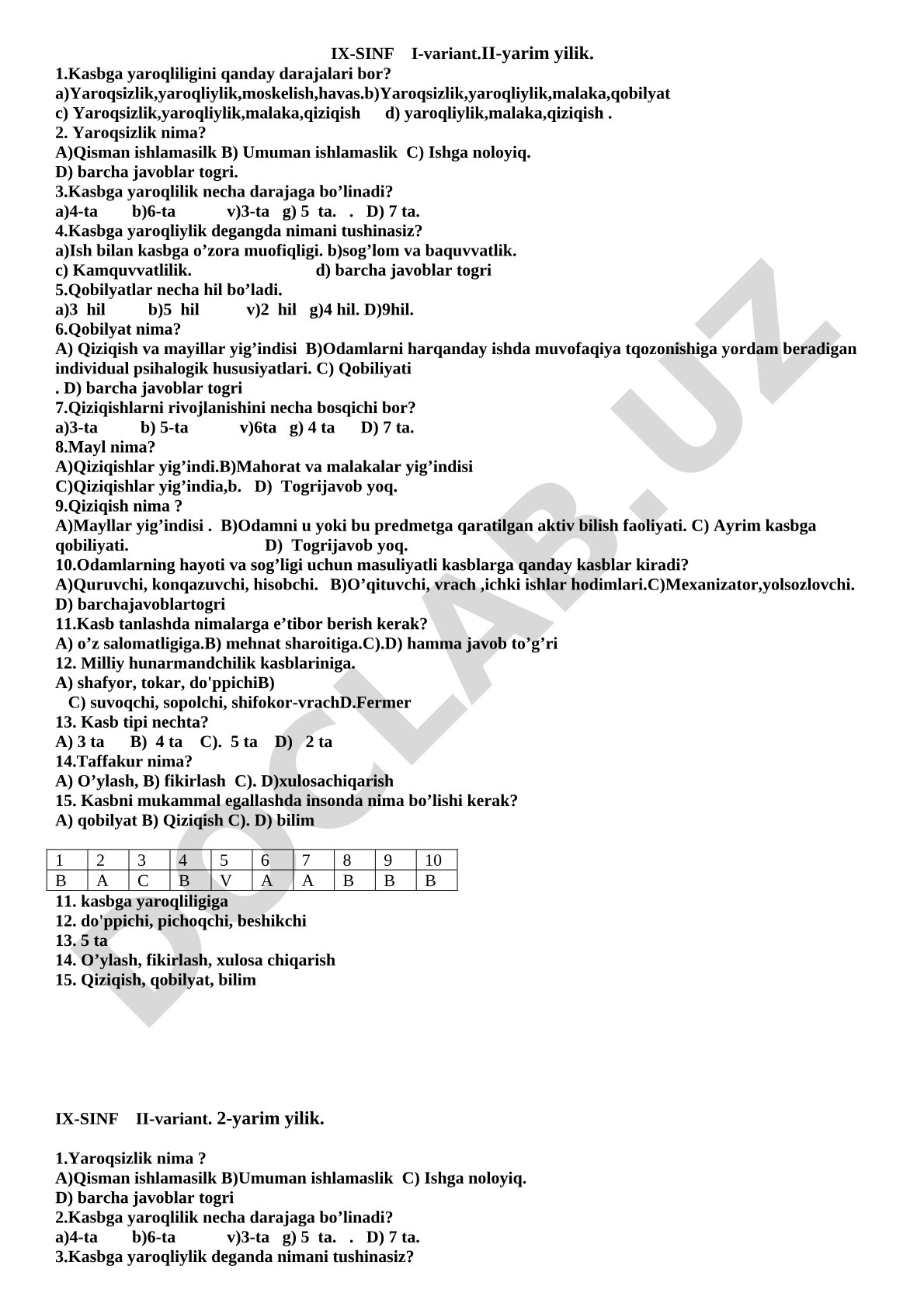 IX-SINF I-variant.II-yarim yilik