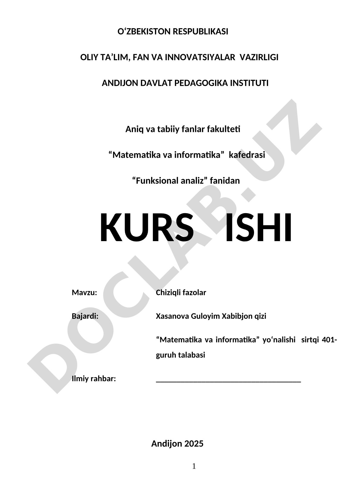 Kurs ishi: chiziqli fazo tushunchasi, misollar, qism fazo va faktor fazo
