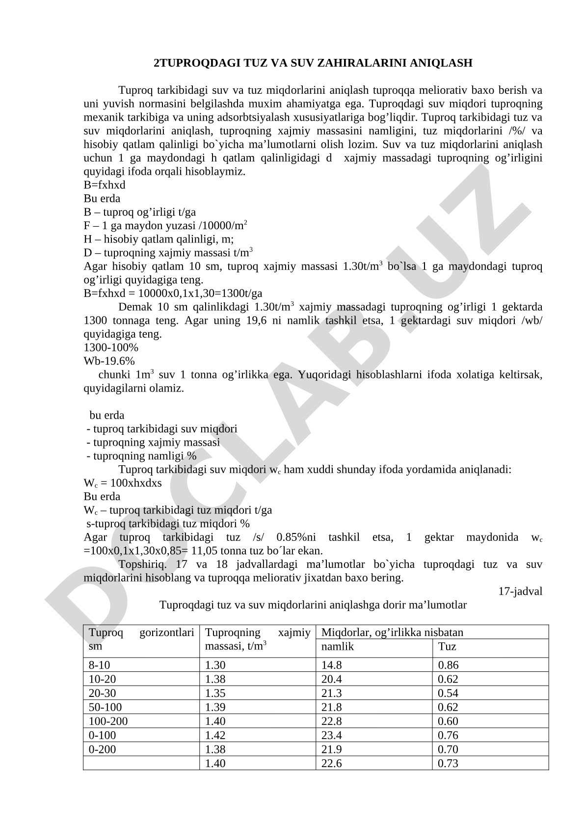 Tuproqdagi tuz va suv zahiralarini aniqlash