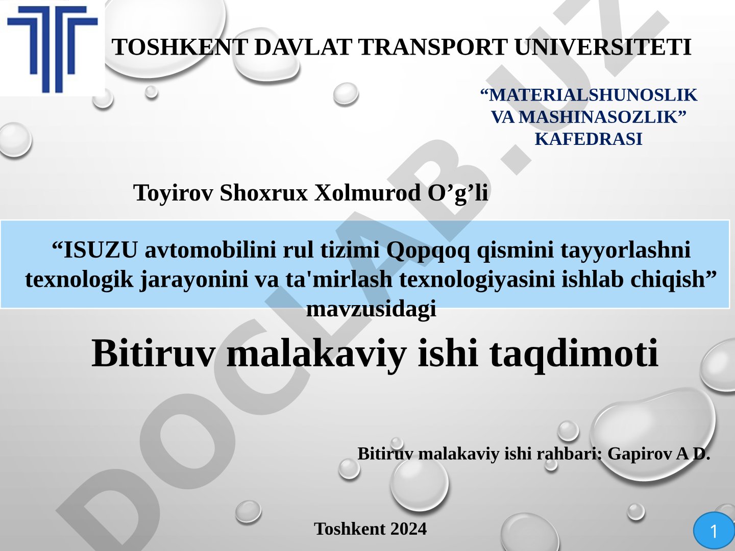 ISUZU avtomobilini rul tizimi Qopqoq qismini tayyorlashni texnologik jarayonini va ta'mirlash texnologiyasini ishlab chiqish