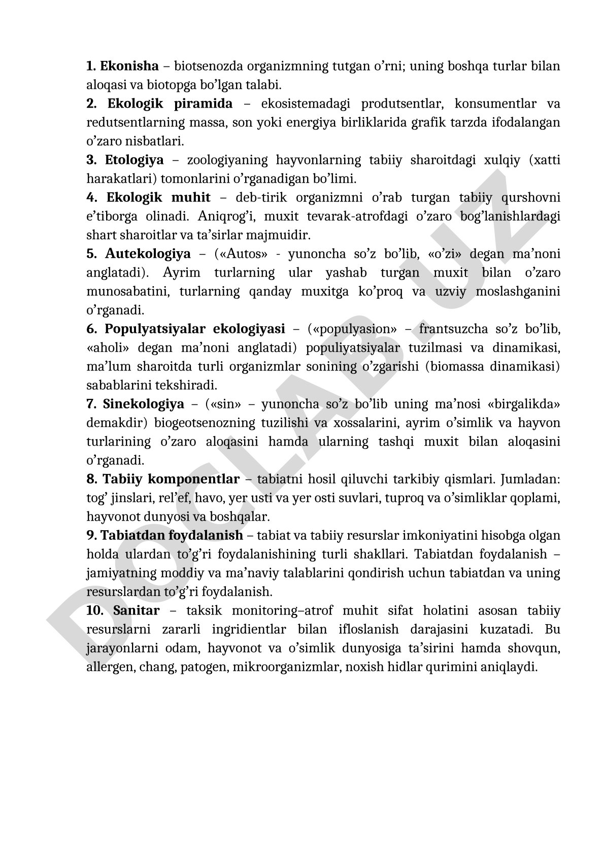 Ekologiyaga oid asosiy tushunchalar ta'riflari