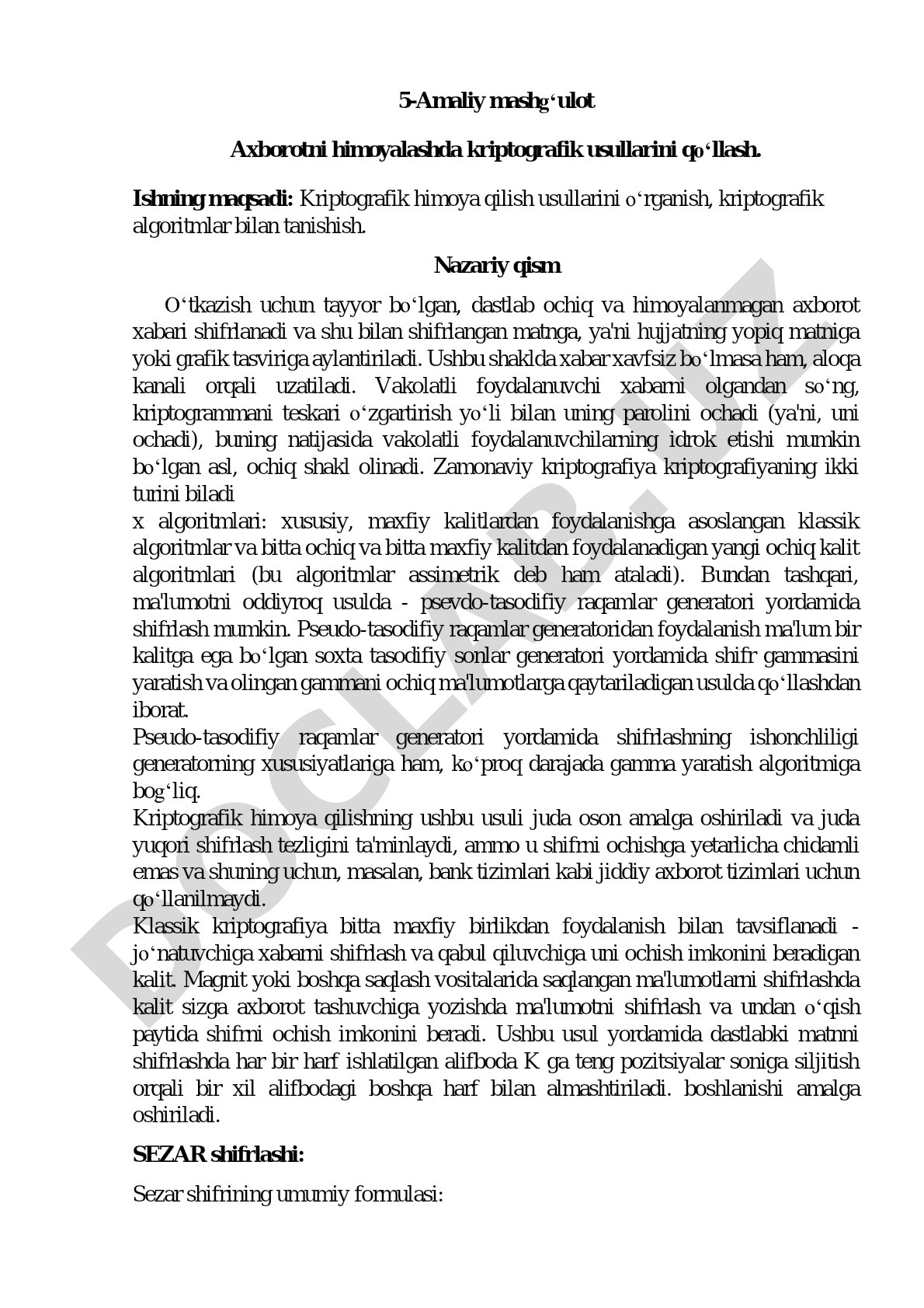 5-Amaliy mashg‘ulot Axborotni himoyalashda kriptografik usullarini qo‘llash