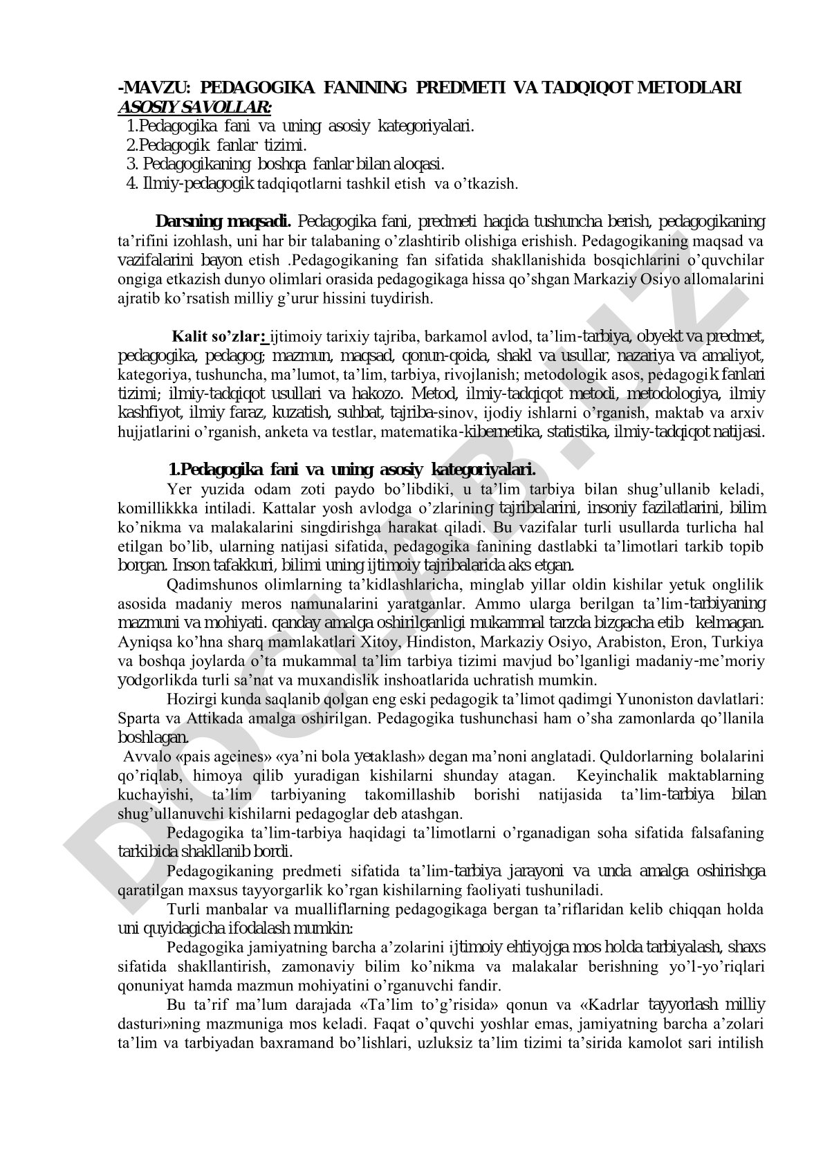 Pedagogika fanining predmeti va tadqiqot metodlari