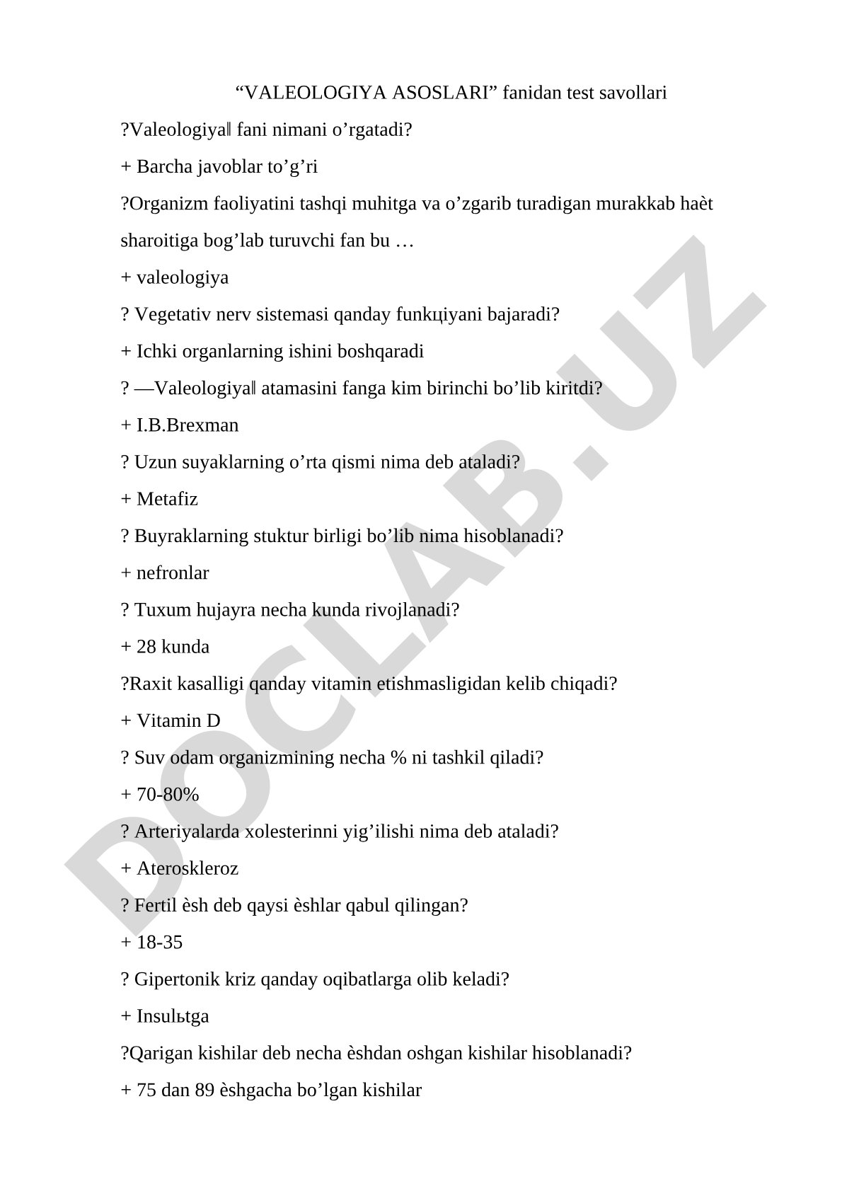 Valeologiya asoslari fanidan test savollari