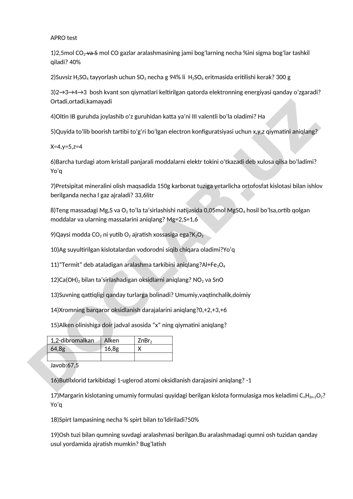APRO test kimyo fanidan savol va javoblar