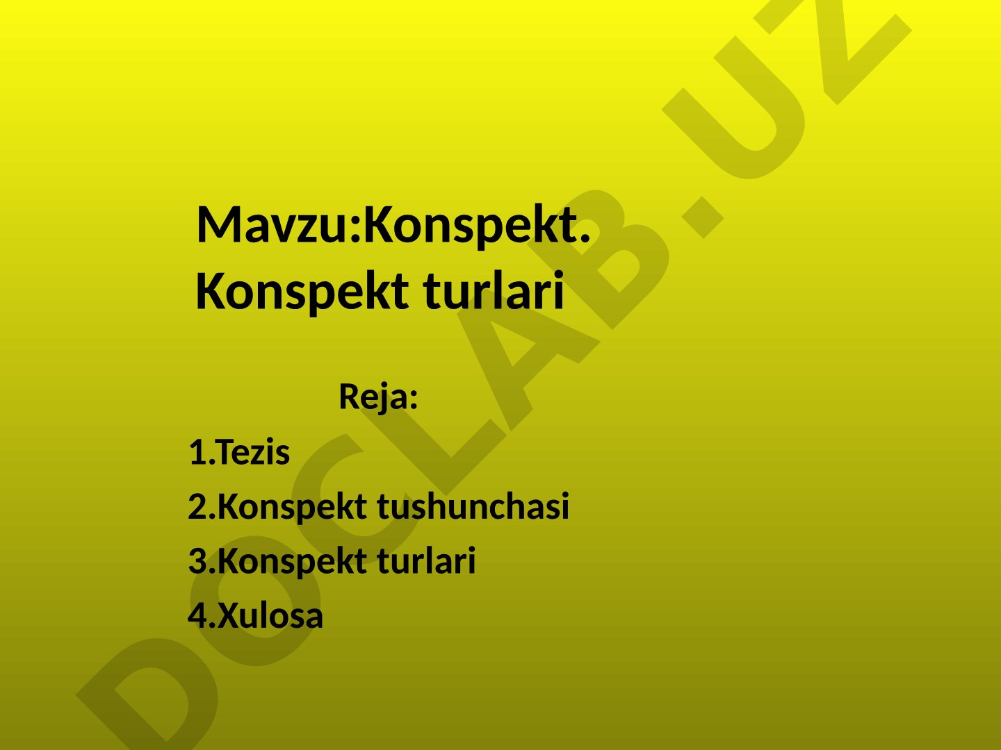 Konspekt tushunchasi, turlari va tezislar haqida ma'lumot beruvchi taqdimot