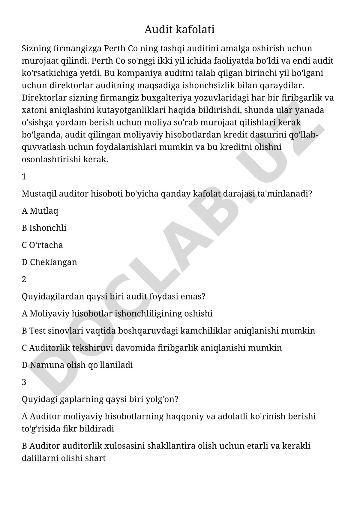 Audit kafolati mavzusida test savollari: auditor hisoboti, audit foydasi