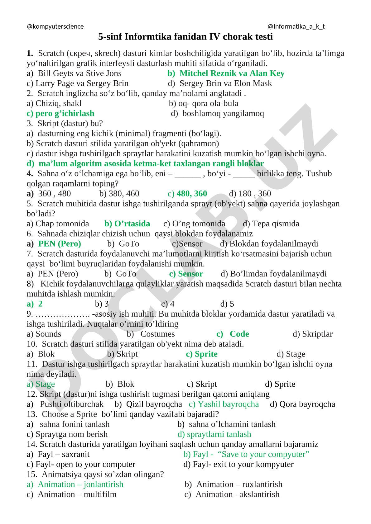 5-sinf Informtika fanidan IV chorak testi