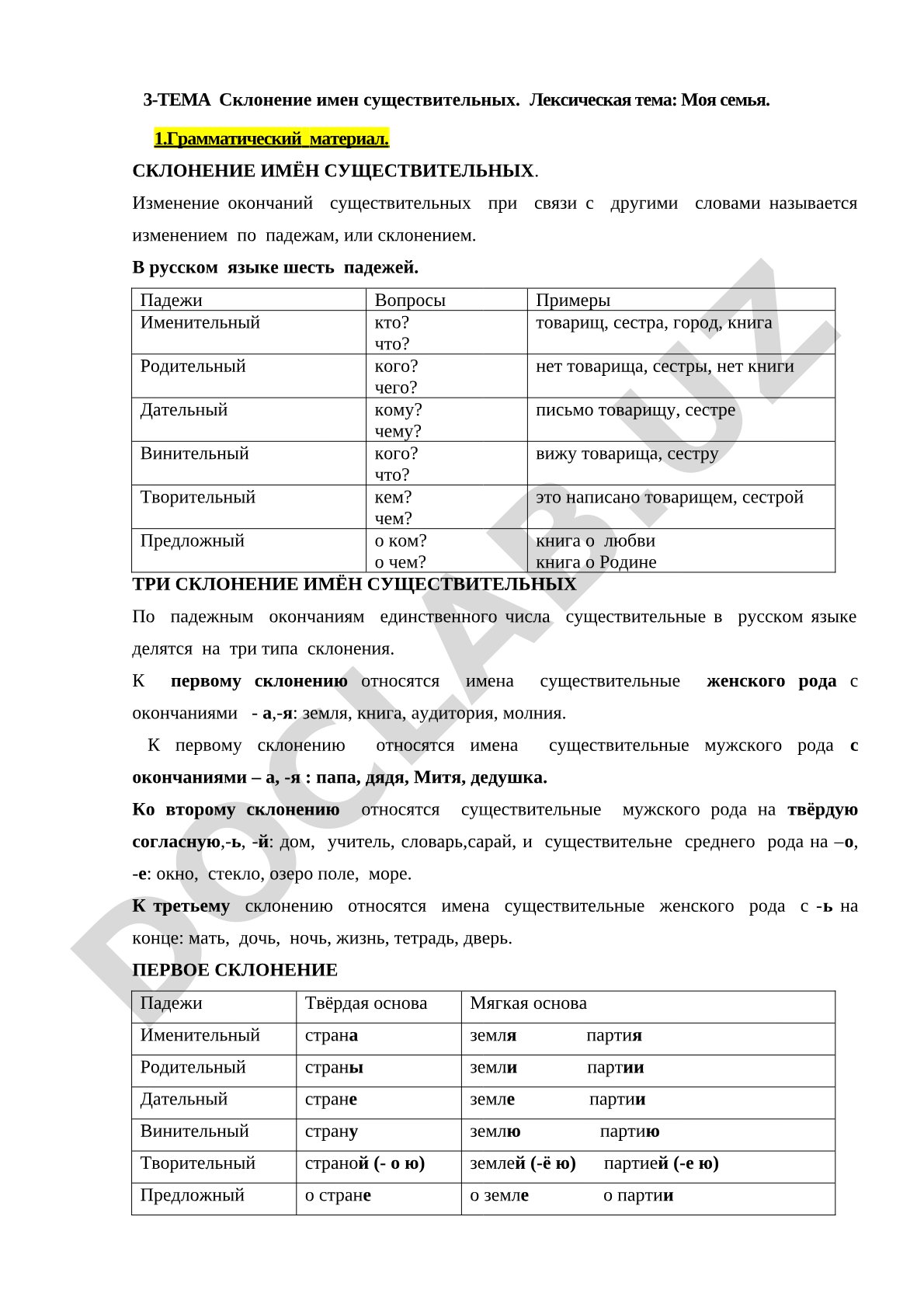 Склонение имен существительных. Моя семья