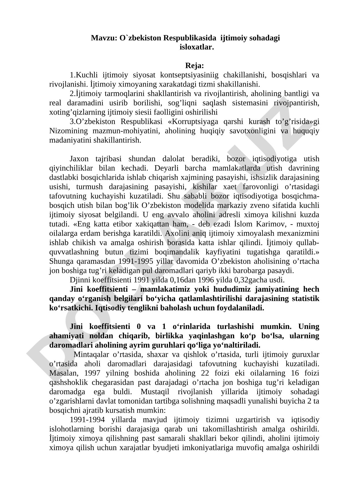 O`zbekiston Respublikasida ijtimoiy sohadagi isloxatlar