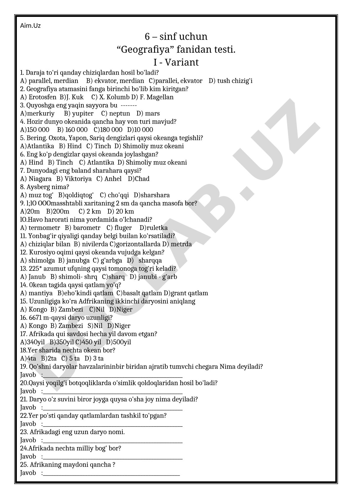 6 – sinf uchun “Geografiya” fanidan testi.