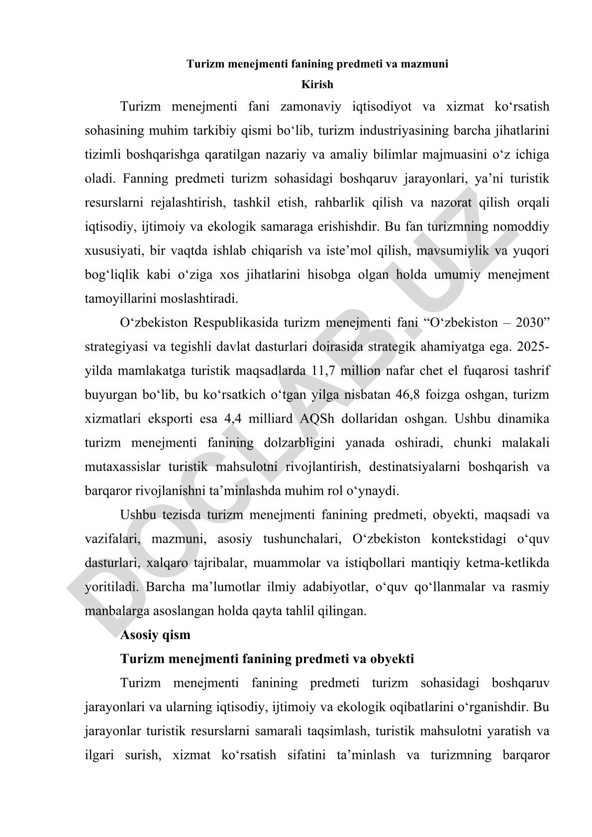 Turizm menejmenti fanining predmeti va mazmuni