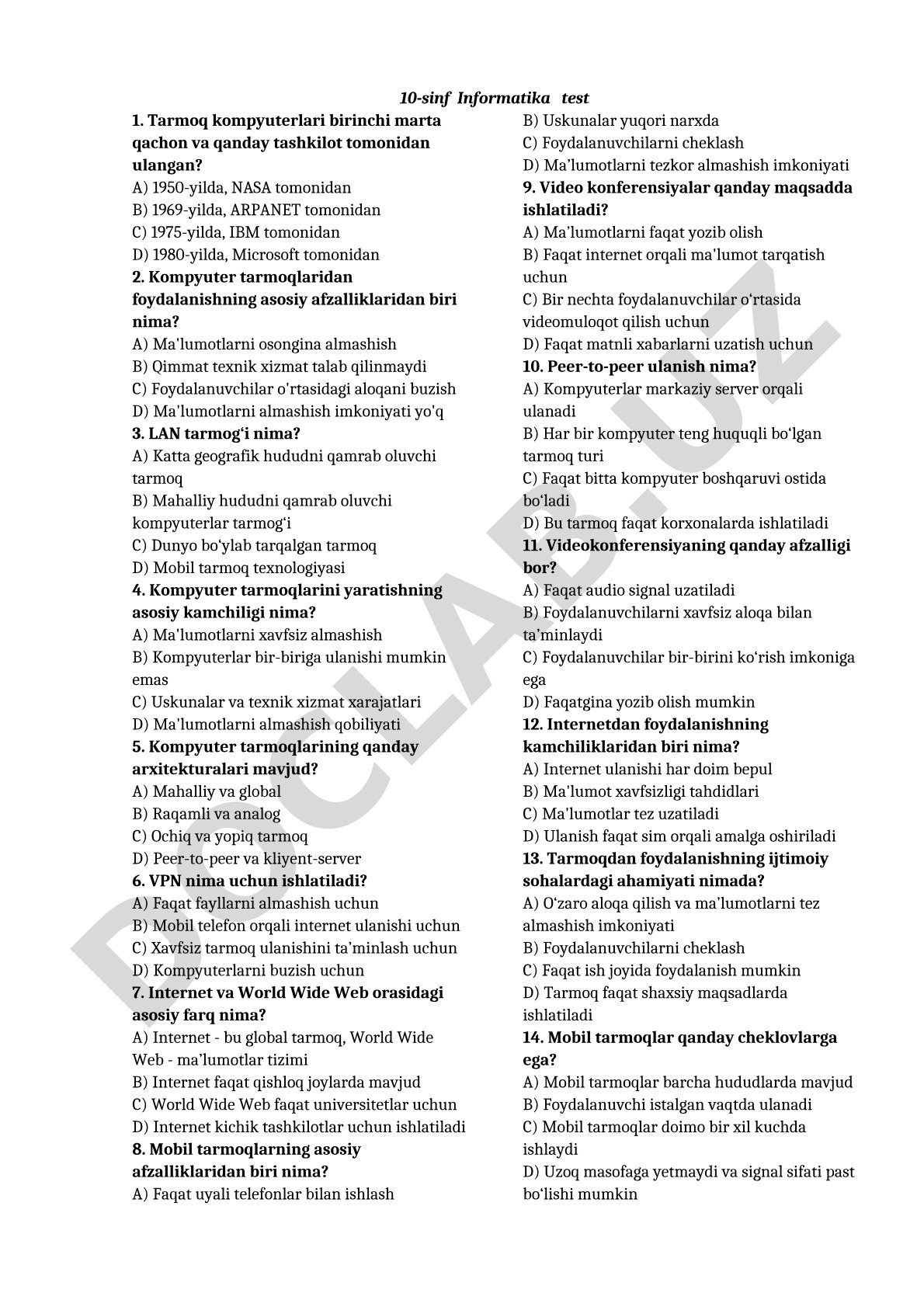 10-sinf Informatika test 1