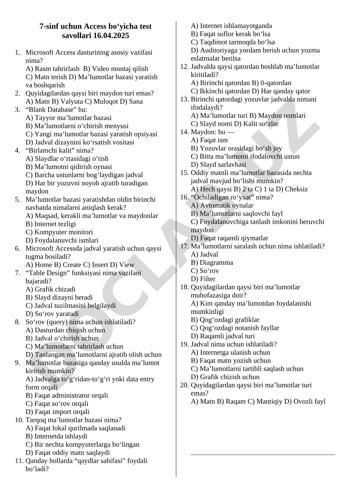 7-sinf uchun Access bo‘yicha test savollari