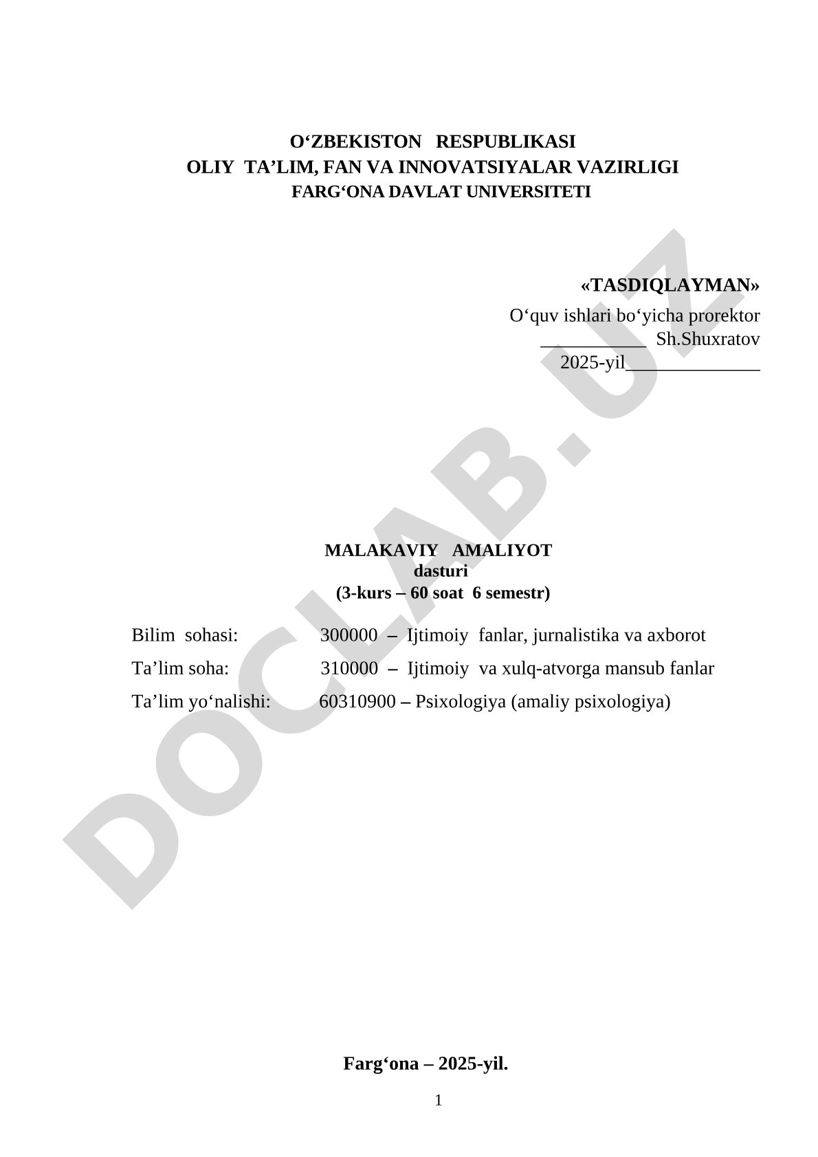 Psixologiya (amaliy psixologiya) malakaviy amaliyot dasturi