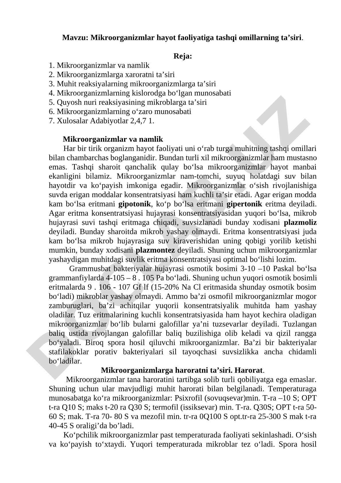 Mikroorganizmlar hayot faoliyatiga tashqi omillarning ta’siri