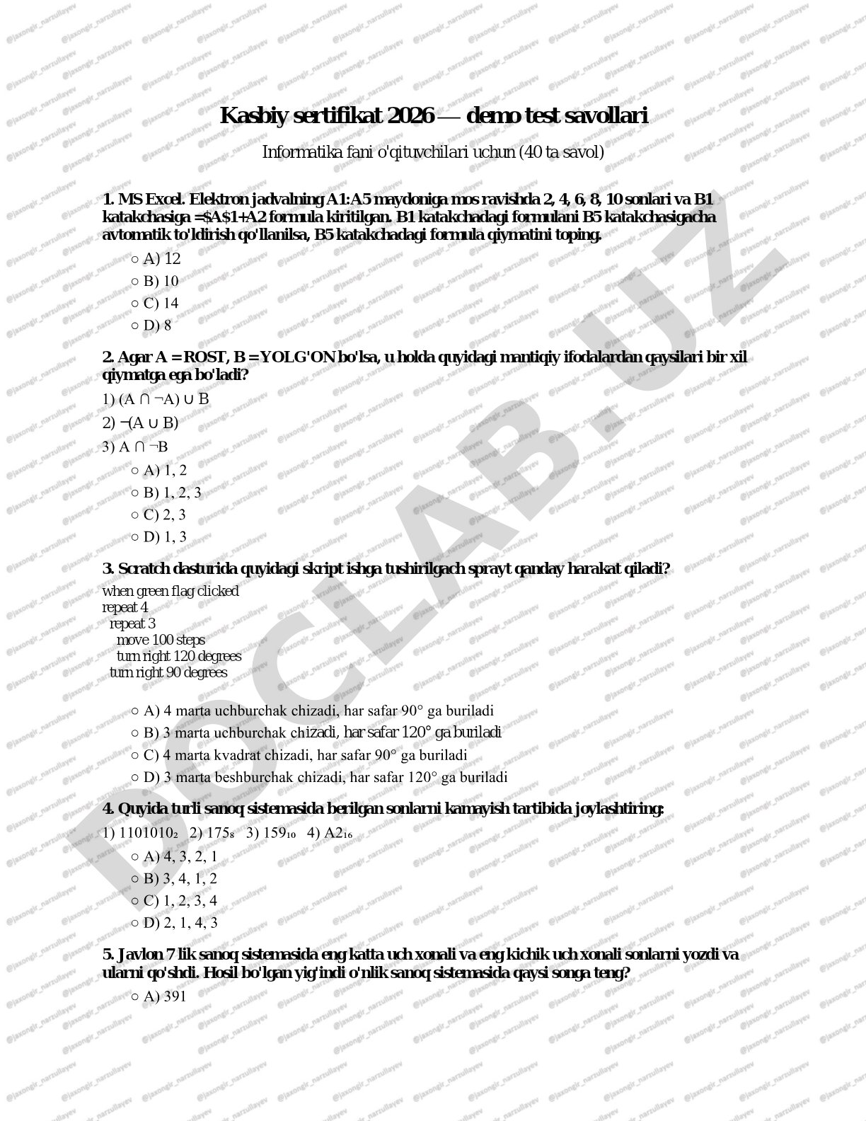 Kasbiy sertifikat 2026 demo test savollari