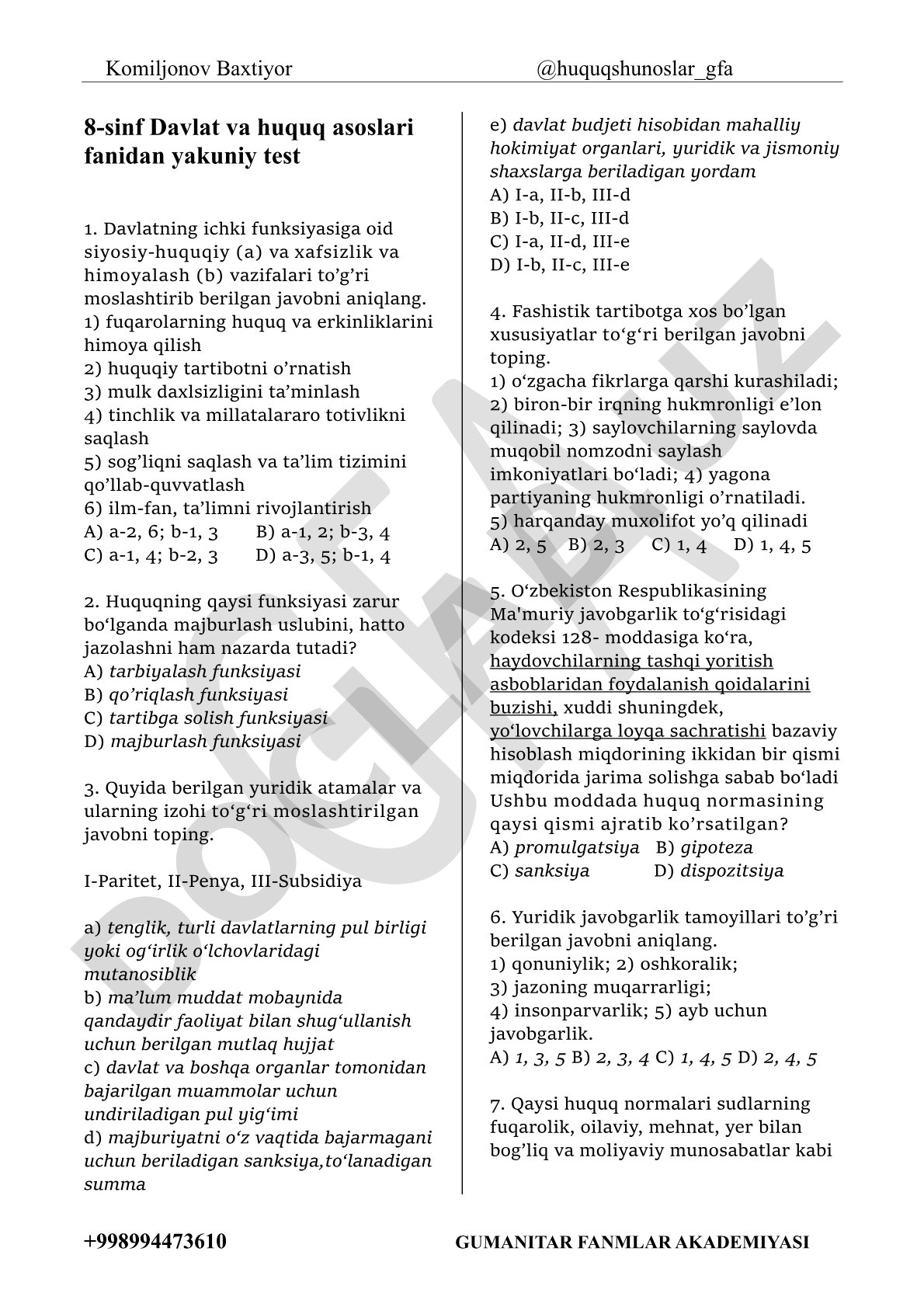 Davlat va huquq asoslari fanidan yakuniy test