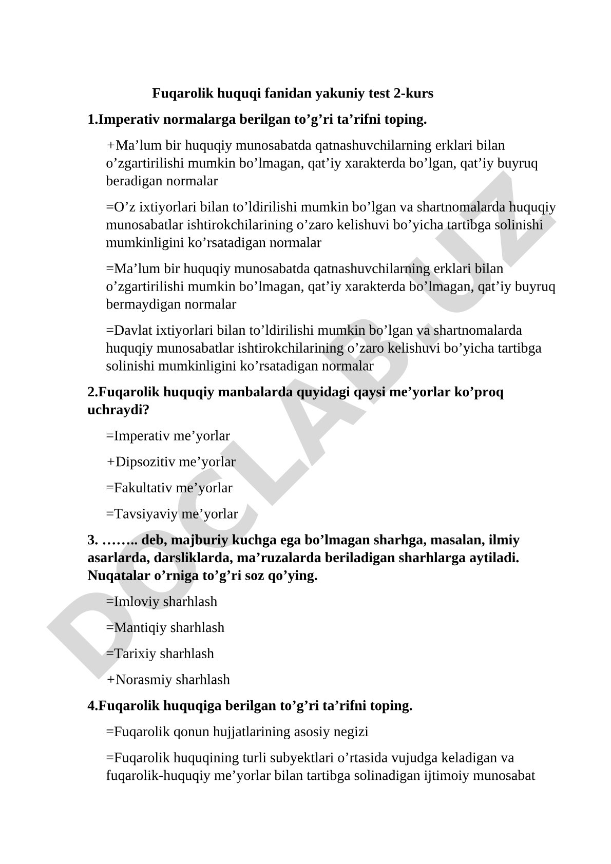 Fuqarolik huquqi fanidan yakuniy test 2-kurs