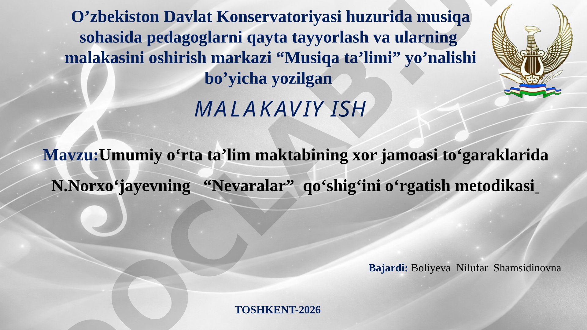 Umumiy o‘rta ta’lim maktabining xor jamoasi to‘garaklarida N.Norxo‘jayevning “Nevaralar” qo‘shig‘ini o‘rgatish metodikasi