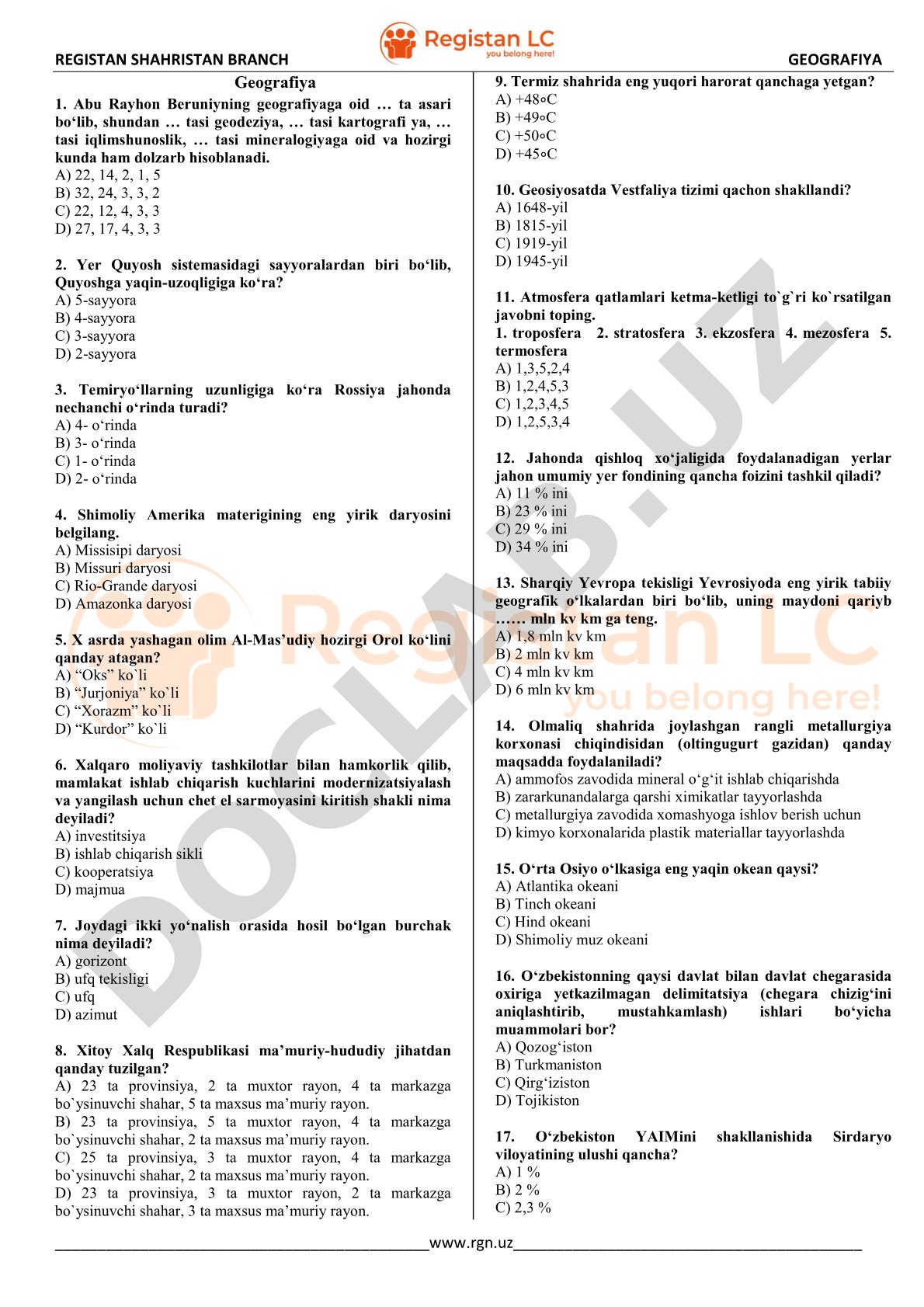 Geografiya test savollari