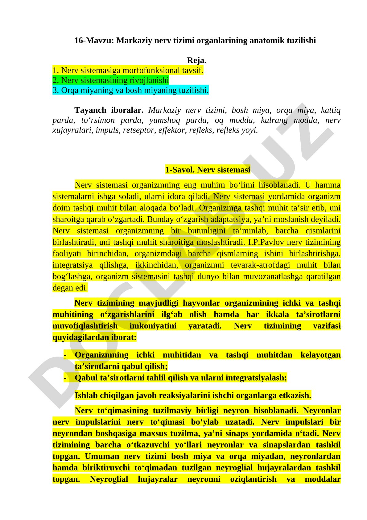Markaziy nerv tizimi organlarining anatomik tuzilishi