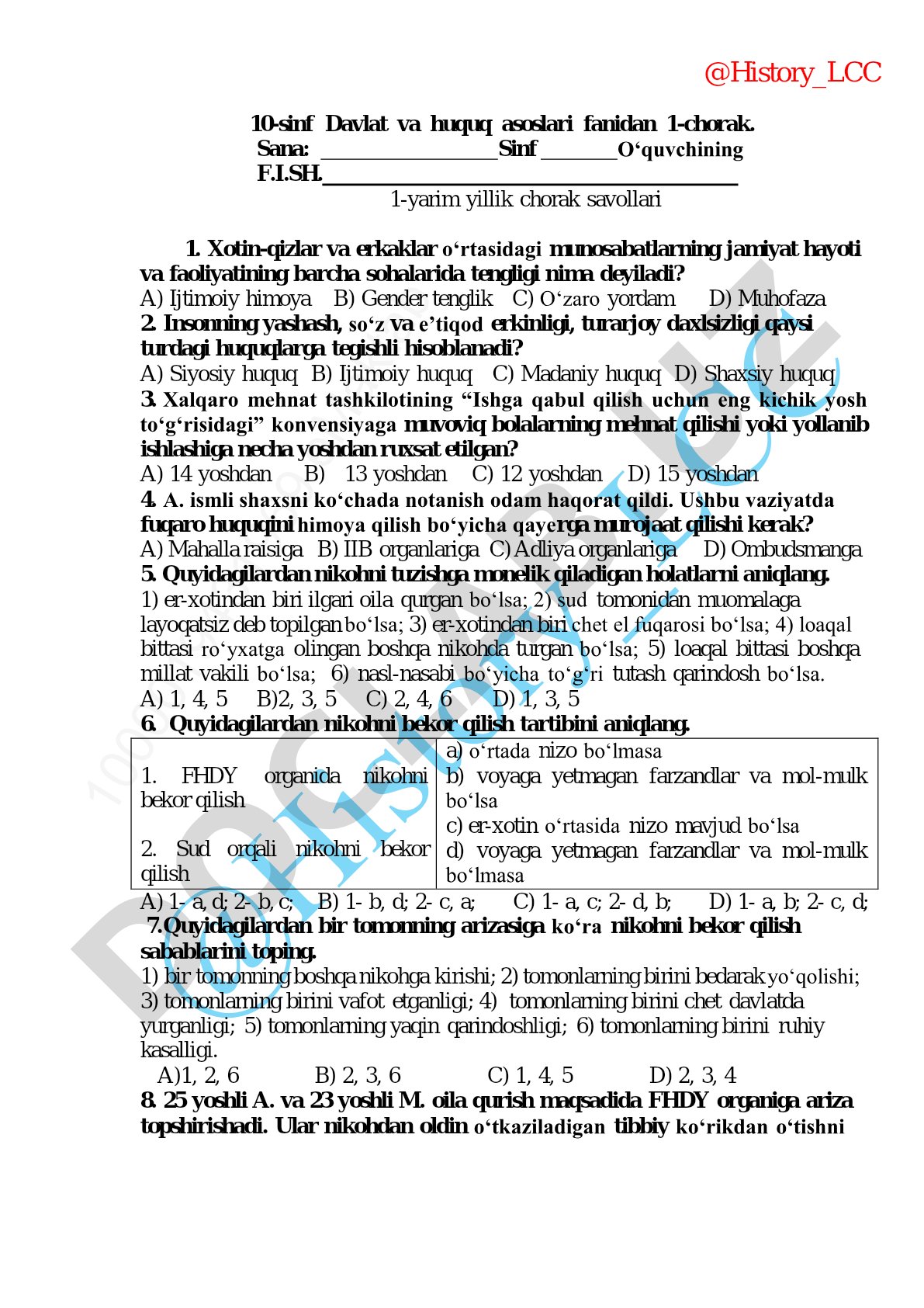 10-sinf Davlat va huquq asoslari fanidan 1-chorak test savollari