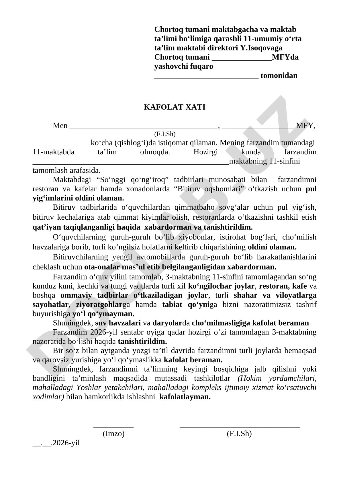 Bitiruv tadbirlarida pul yig'ishni oldini olish bo'yicha kafolat xati
