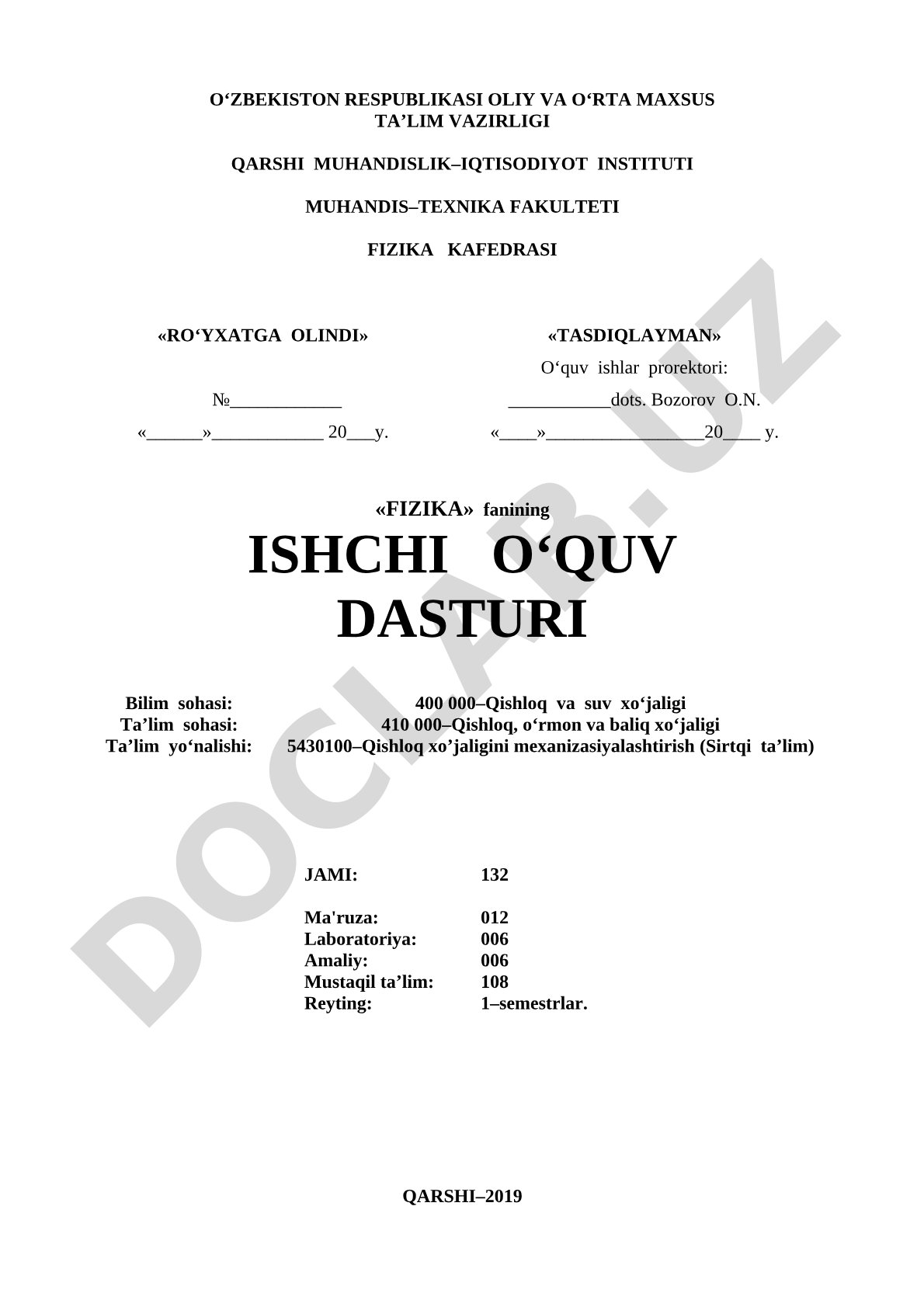 Fizika fanining ishchi o'quv dasturi