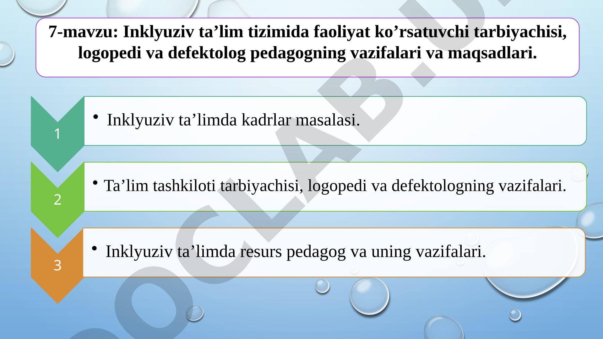 Inklyuziv ta’lim tizimida faoliyat ko’rsatuvchi tarbiyachisi, logopedi va defektolog pedagogning vazifalari va maqsadlari