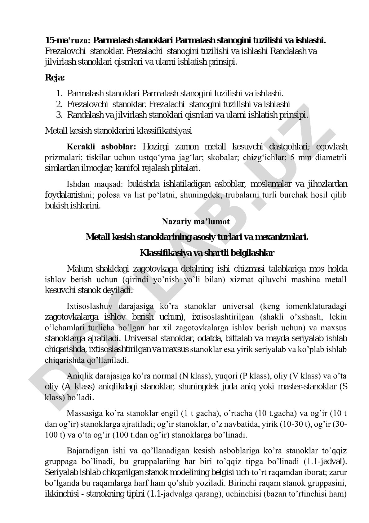 Parmalash, frezalash, randalash va jilvirlash stanoklari