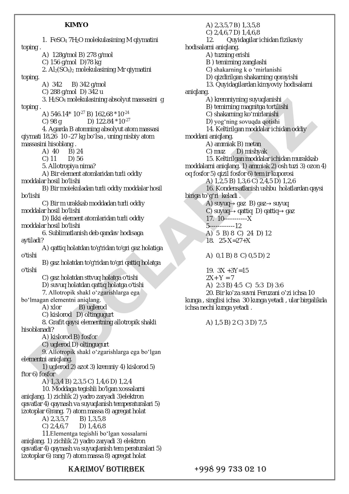 Kimyo fanidan test savollari