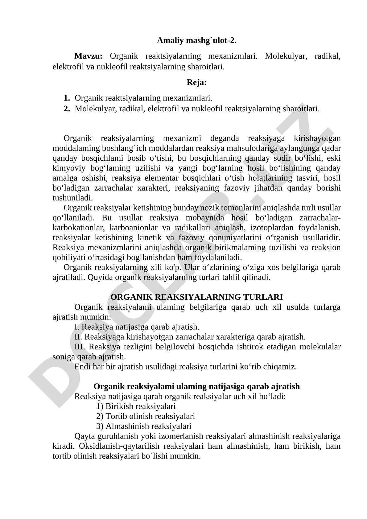 Organik reaktsiyalarning mexanizmlari. Molekulyar, radikal, elektrofil va nukleofil reaktsiyalarning sharoitlari