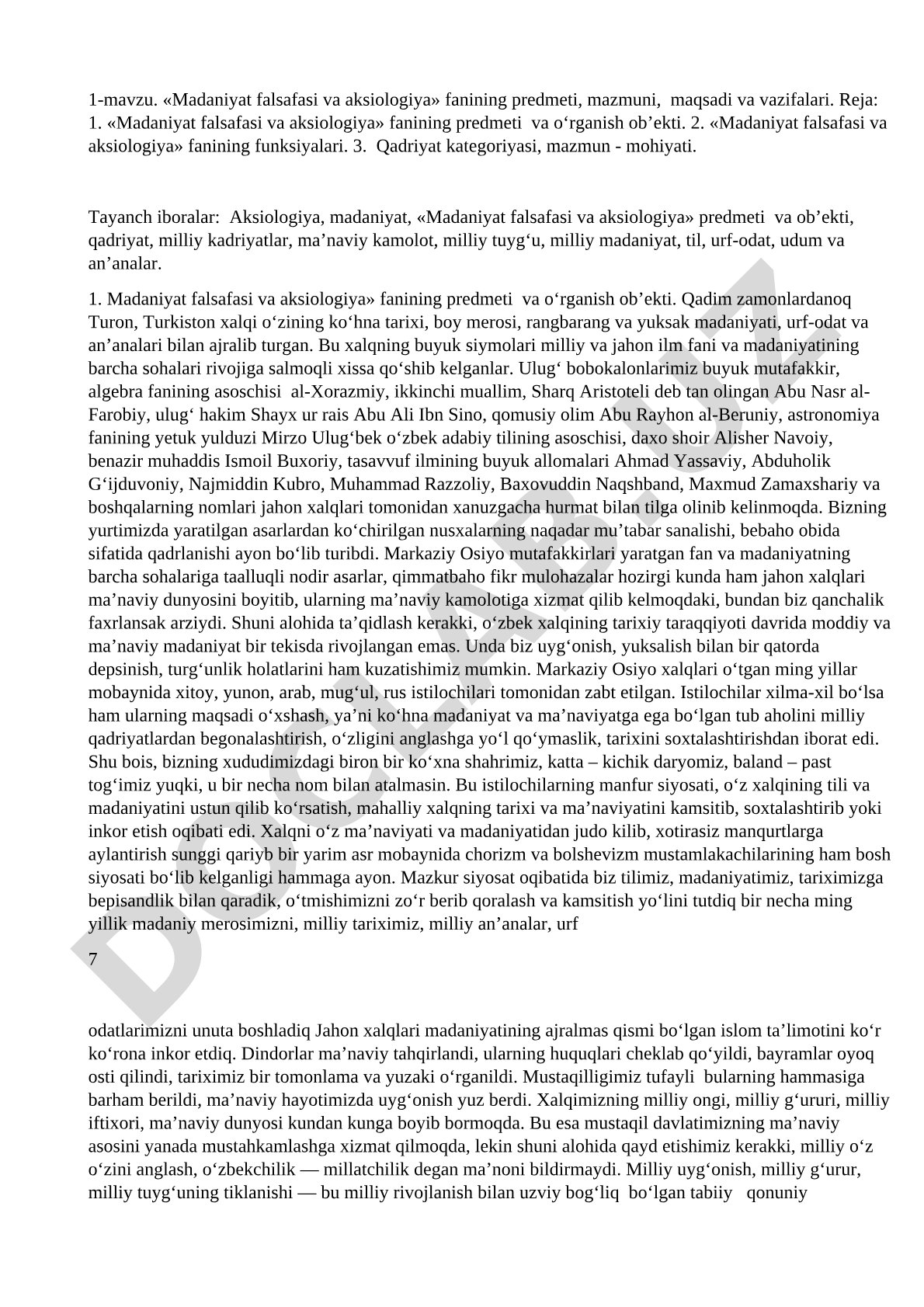 Madaniyat falsafasi va aksiologiya fanining predmeti, mazmuni, maqsadi va vazifalari